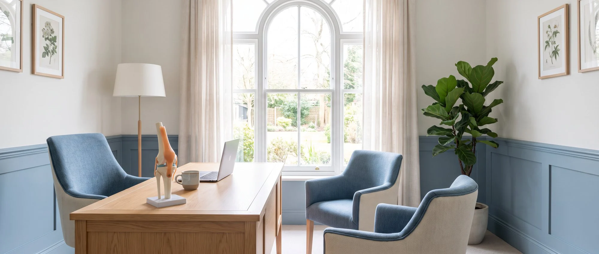 Bright consulting room with blue armchairs, a desk and a tall window