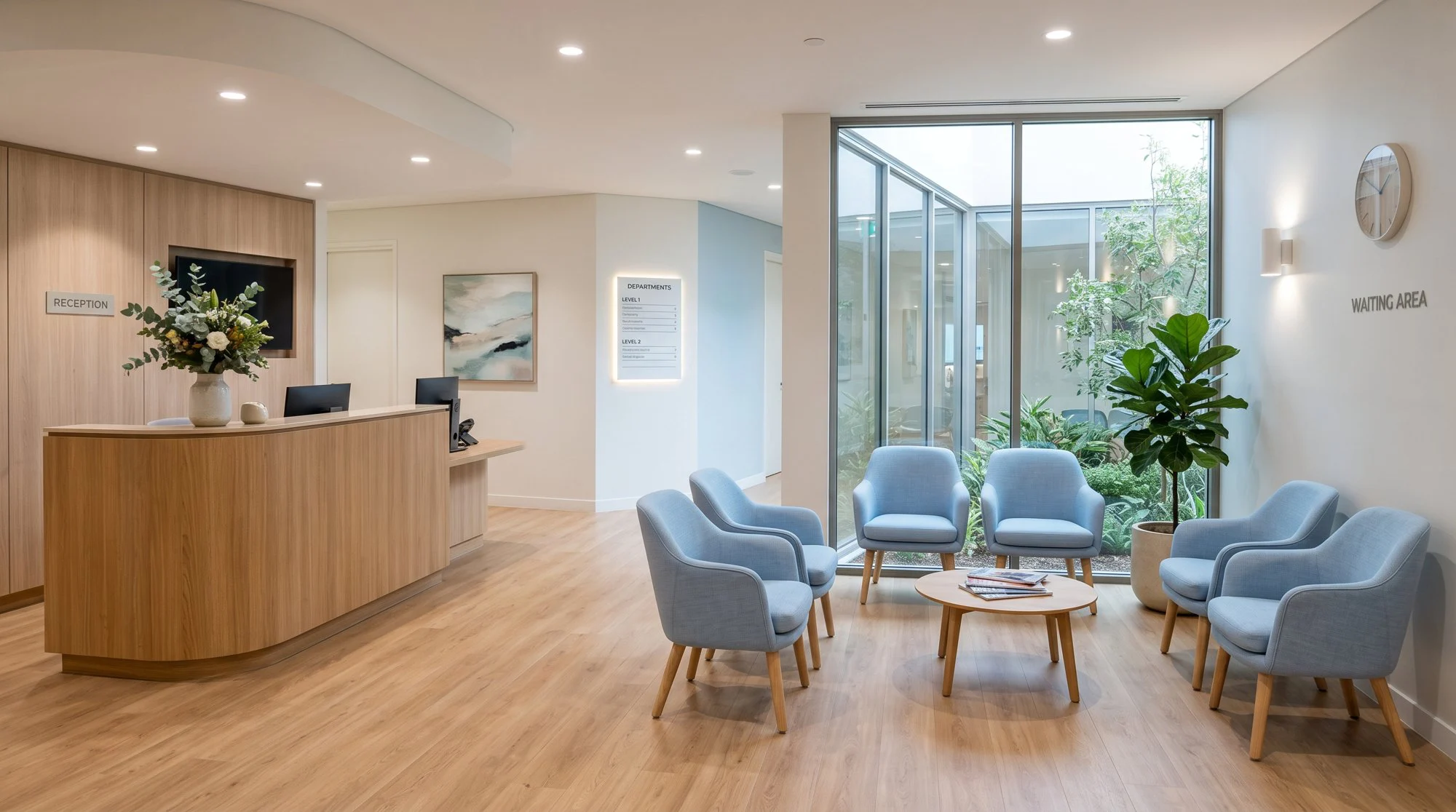 Hospital reception and waiting area with blue armchairs and a courtyard window