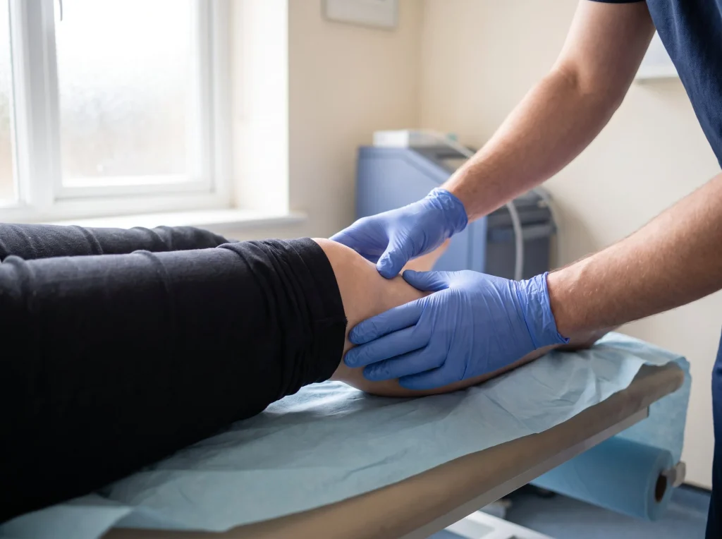 Clinician in blue gloves examining a patient’s knee on a treatment couch