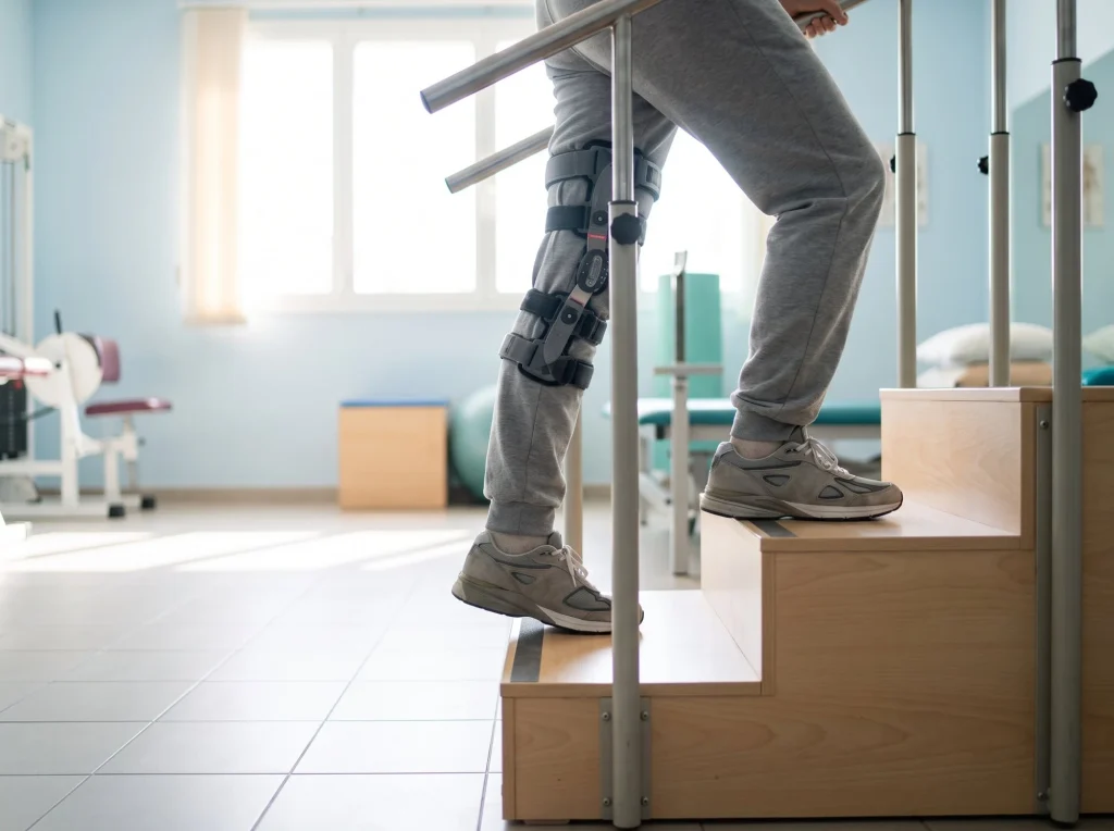 Person in a knee brace stepping up practice stairs during rehabilitation