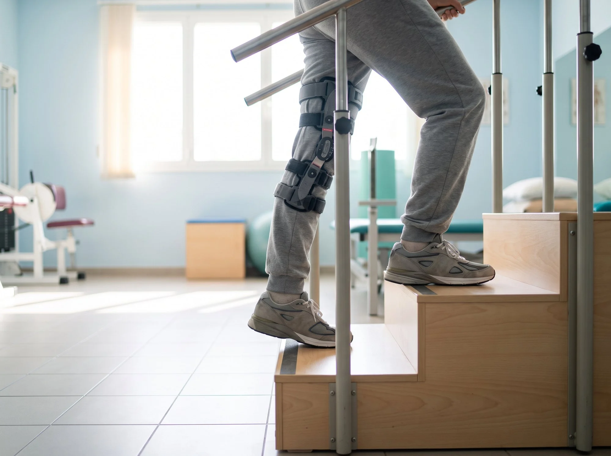 Person in a knee brace stepping up practice stairs during rehabilitation