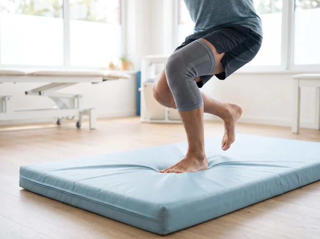Person wearing a knee sleeve landing a jump on an exercise mat in a physiotherapy room
